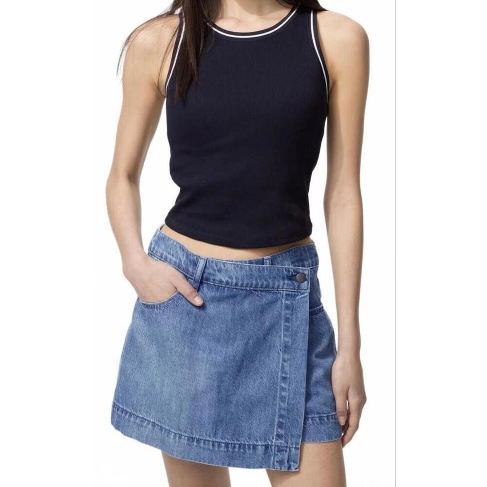 Uniqlo Drapey Denim Skort Wrap Skirt Light Blue Jean Cotton Mini Womens Large